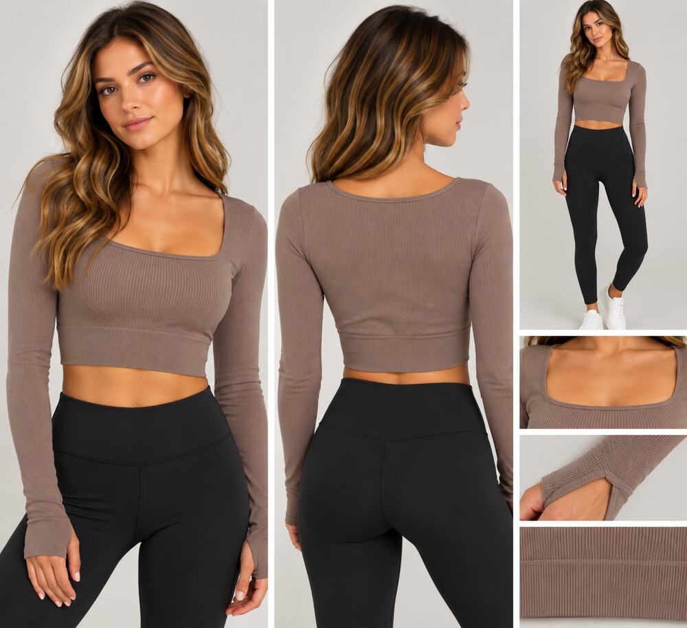 OQQ Taupe Ribbed Long-Sleeve Crop Top- SMALL